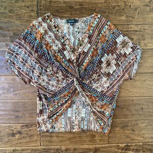 Karen Kane Small Twist Front Blouse Short Sleeve Pullover Made in USA Boho